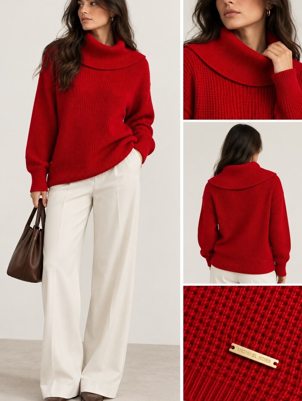 Michael Kors Vibrant Red Cowl Neck Waffle Cotton Blend Knit Sweater Holidays